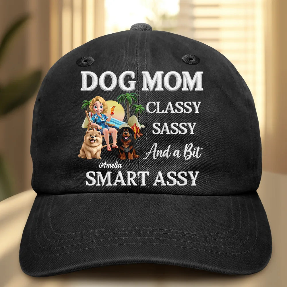 Dog Mom Classy Sassy Faux Embroidery Effect - Personalized Vintage Washed Denim Cap
