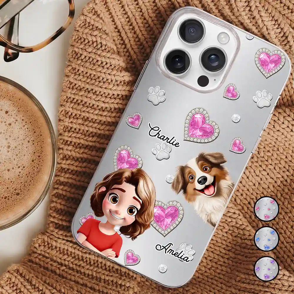 Dog Mom Dog Dad Metal And Crystal Printed Effect - Personalized Clear Phone Case