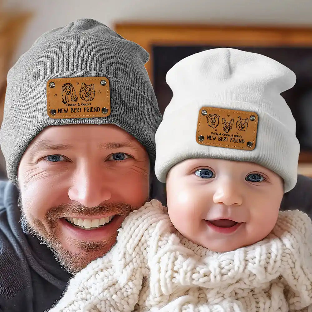 Dog Lovers,Dog Mom,Dog Dad,Dog Couple,New baby,New Dad,New Mom,Happy,Top Market - Dog New Best Friend New Baby - Personalized Beanie With Leather Patch