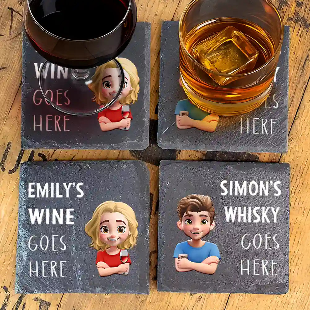 Drink Goes Here 3D Effect Couple - Personalized Slate Coaster