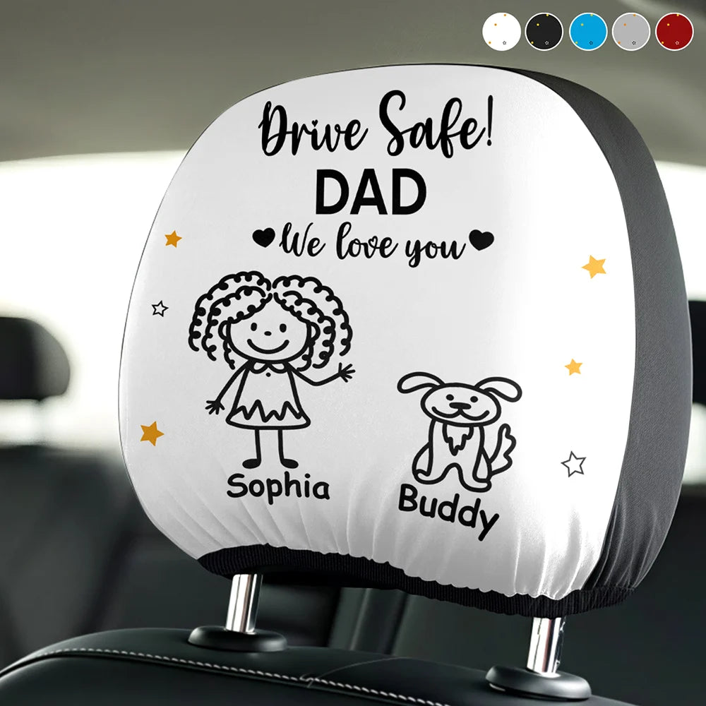 Gift For Grandpa,Gift For Father,Funny - Drive Safe Grandpa Daddy Kid Stick Figures - Personalized Car Headrest Covers