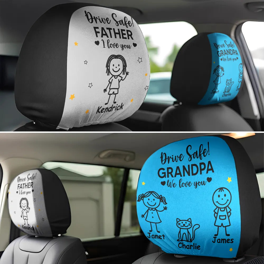 Gift For Grandpa,Gift For Father,Funny - Drive Safe Grandpa Daddy Kid Stick Figures - Personalized Car Headrest Covers