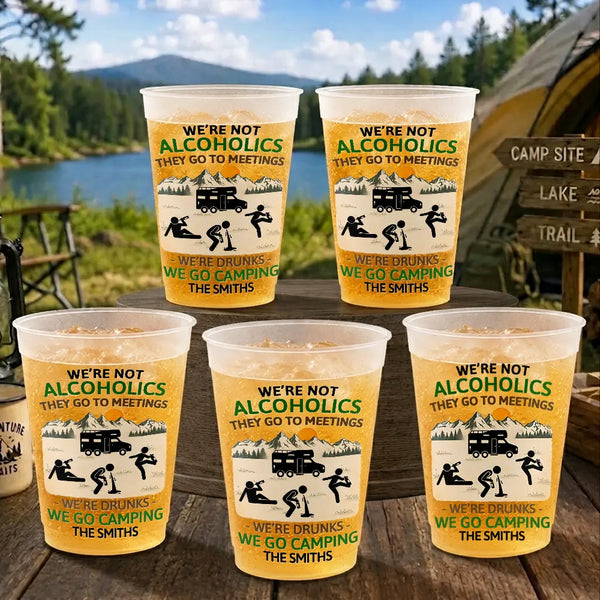 Playful, Camping, Family, Summer, Custom Text - Drunk Stick Figure We Go Camping - Personalized Frosted Cups
