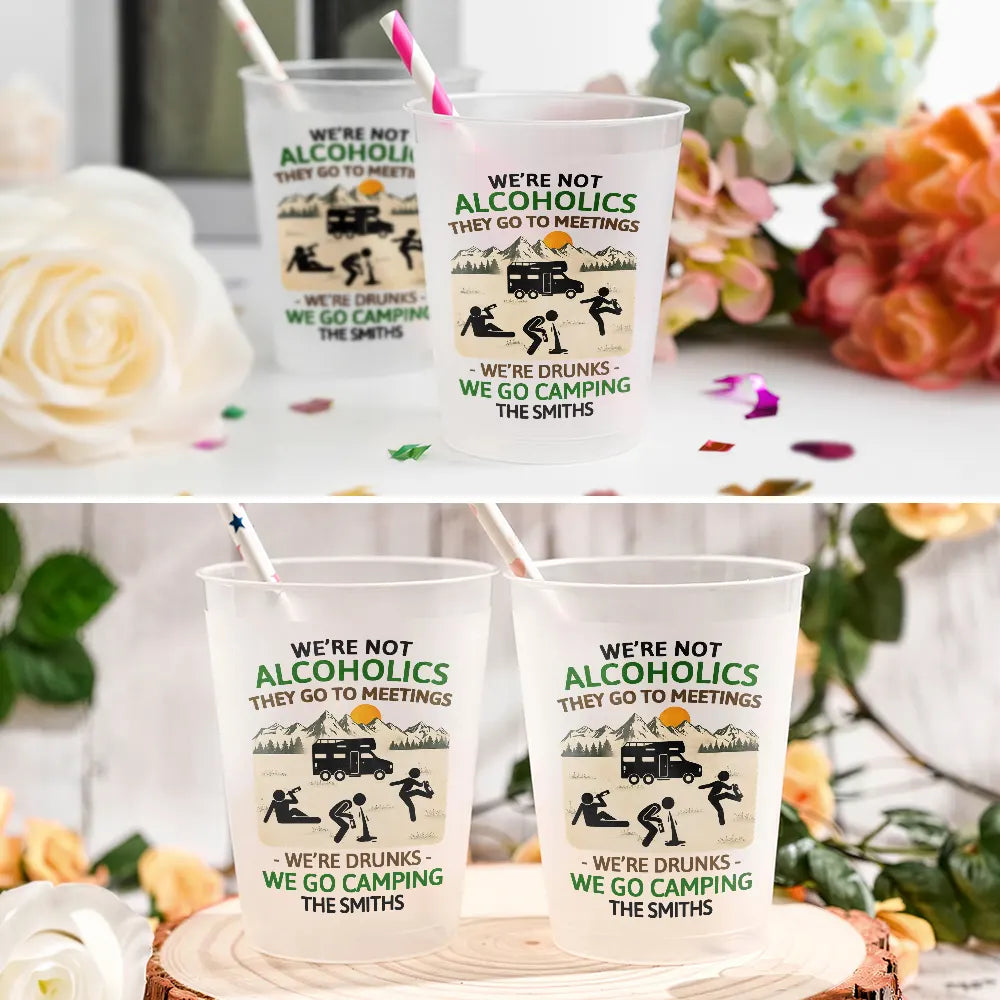 Playful, Camping, Family, Summer, Custom Text - Drunk Stick Figure We Go Camping - Personalized Frosted Cups