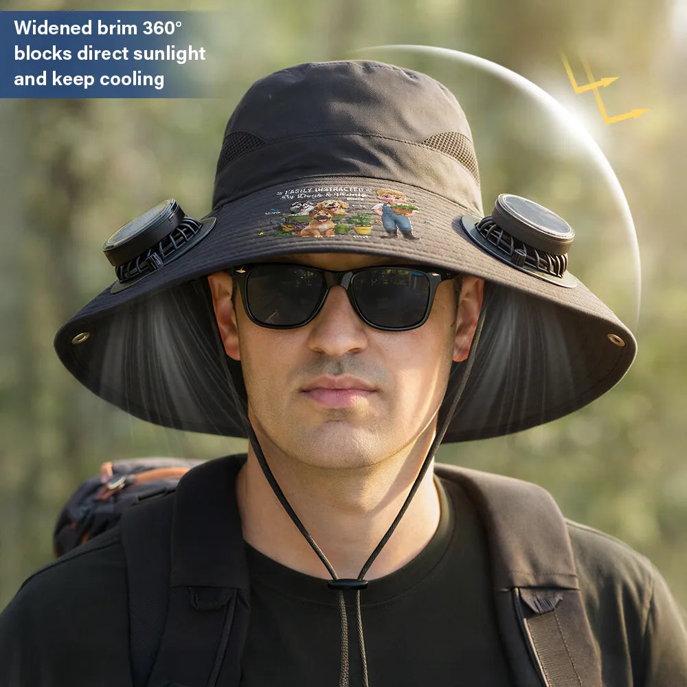 Gift For Yourself,Gift For Women,Gift For Men,Gift For Mother,Gift For Father,Gardening,Happy,Dog Lovers,Dog Mom,Dog Dad - Easily Distracted By Dogs And Plants - Personalized Solar Fan Hat