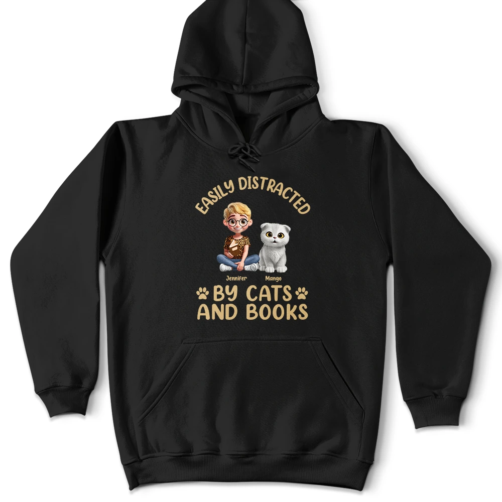 Easily Distracted By Cats & Books - Personalized T Shirt