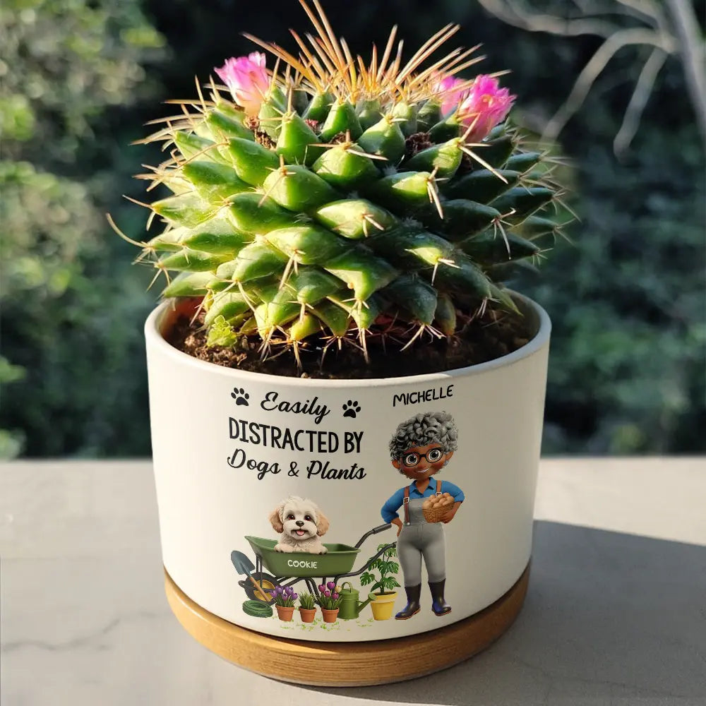 Gardening,Gift For Women,Gift For Men,Pet Lovers,Pet Mom,Pet Dad,Dog Lovers,Dog Mom,Dog Dad,Happy,Vector - Easily Distracted By Dogs And Plants - Personalized Ceramic Plant Pot