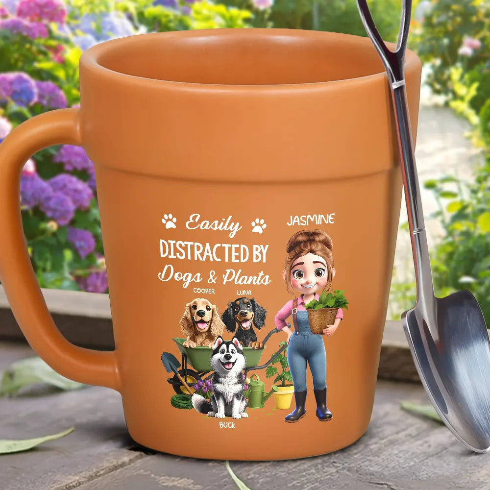 Gardening,Gift For Women,Gift For Men,Pet Lovers,Pet Mom,Pet Dad,Dog Lovers,Dog Mom,Dog Dad,Happy - Easily Distracted By Dogs And Plants - Personalized Plant Pot Ceramic Mug