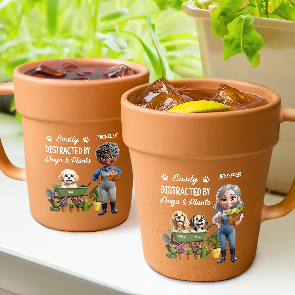 Gardening,Gift For Women,Gift For Men,Pet Lovers,Pet Mom,Pet Dad,Dog Lovers,Dog Mom,Dog Dad,Happy - Easily Distracted By Dogs And Plants - Personalized Plant Pot Ceramic Mug