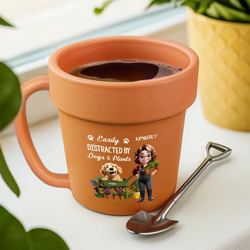 Gardening,Gift For Women,Gift For Men,Pet Lovers,Pet Mom,Pet Dad,Dog Lovers,Dog Mom,Dog Dad,Happy - Easily Distracted By Dogs And Plants - Personalized Plant Pot Ceramic Mug