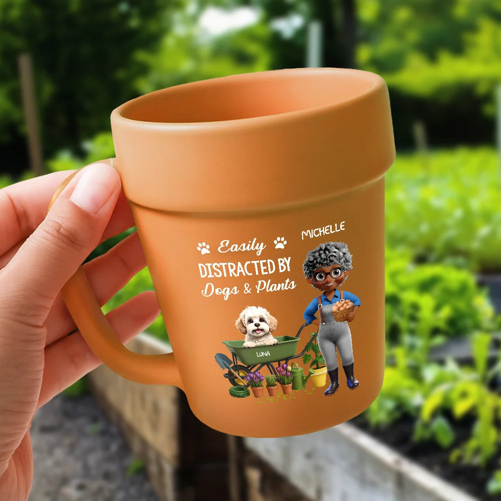 Gardening,Gift For Women,Gift For Men,Pet Lovers,Pet Mom,Pet Dad,Dog Lovers,Dog Mom,Dog Dad,Happy - Easily Distracted By Dogs And Plants - Personalized Plant Pot Ceramic Mug