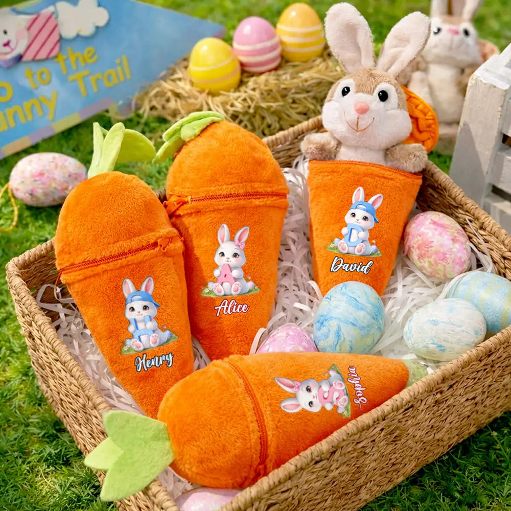 Easter Bunny Holding Alphabet Letter - Personalized Plush Reversible Carrot Bunny Keychain