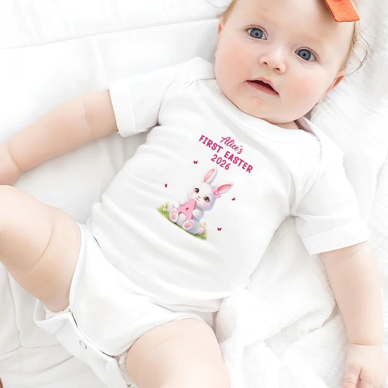 Easter,Happy,Gift For Kids,Parent - Easter Bunny Holding Alphabet Letter - Personalized Baby Onesie