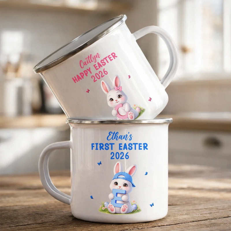 Gift For Kids,Grandma - Grandkids,Gift For Grandkids,Dad - Children,Mom - Children,Easter,Happy - Easter Bunny Holding Alphabet Letter - Personalized Enamel Mug