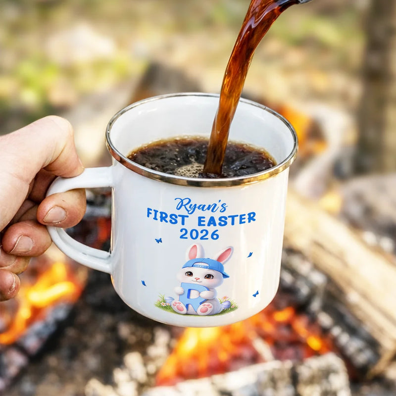 Gift For Kids,Grandma - Grandkids,Gift For Grandkids,Dad - Children,Mom - Children,Easter,Happy - Easter Bunny Holding Alphabet Letter - Personalized Enamel Mug