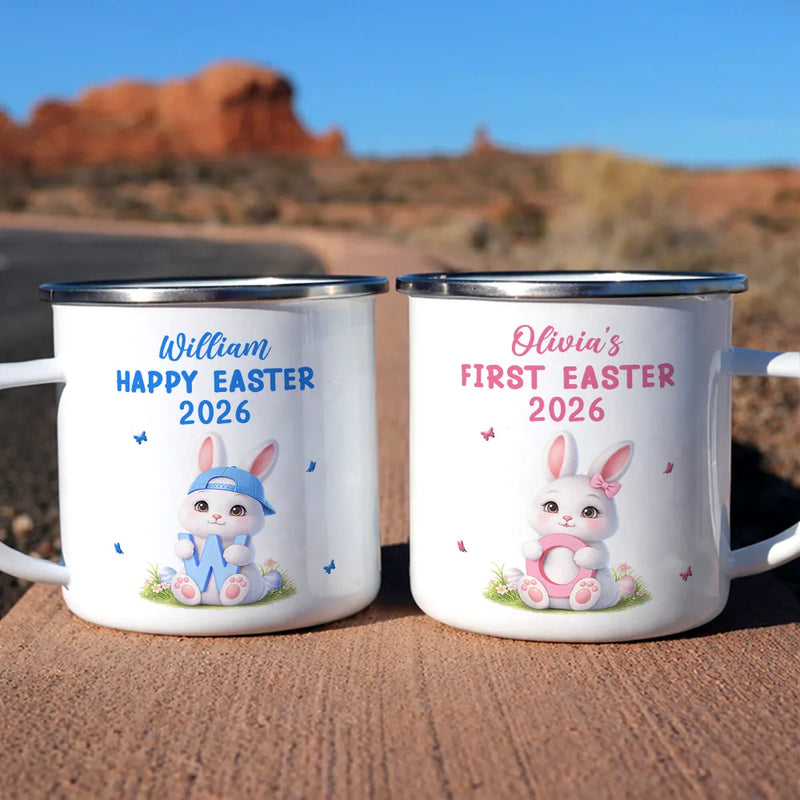 Gift For Kids,Grandma - Grandkids,Gift For Grandkids,Dad - Children,Mom - Children,Easter,Happy - Easter Bunny Holding Alphabet Letter - Personalized Enamel Mug