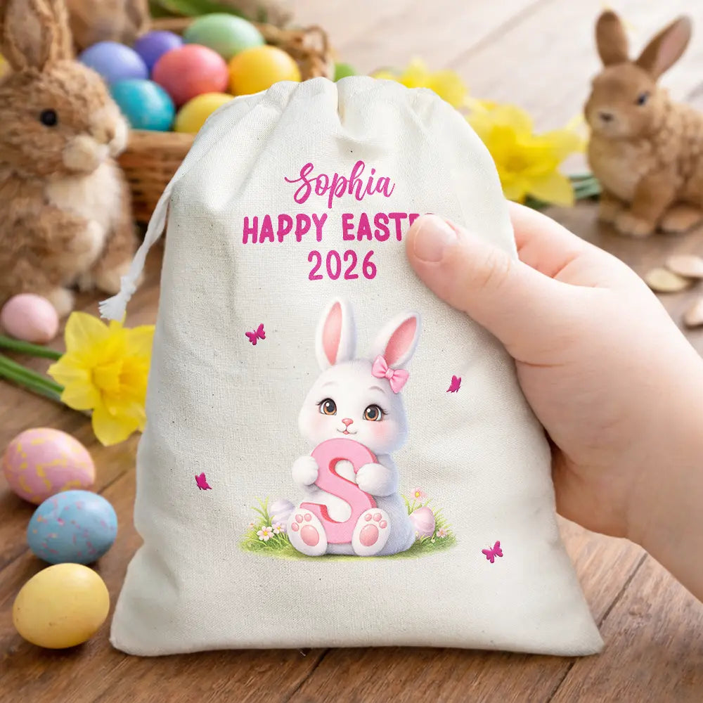 Gift For Kids,Grandma,Grandkids,Gift For Grandkids,Dad,Mom,Children,Easter,Happy - Easter Bunny Holding Alphabet Letter - Personalized Favor Bag