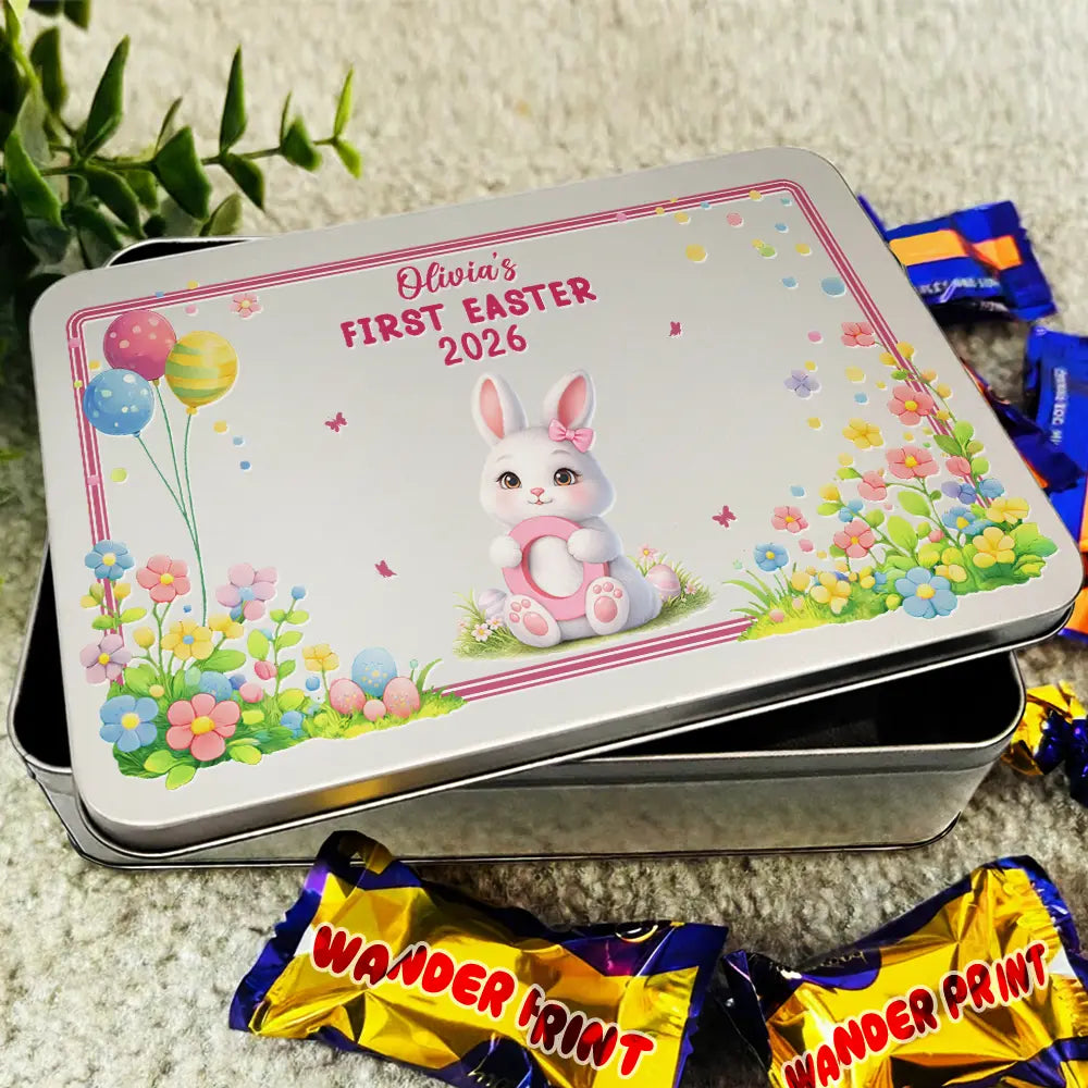 Gift For Kids,Grandma - Grandkids,Gift For Grandkids,Dad - Children,Mom - Children,Easter,Happy - Easter Bunny Holding Alphabet Letter - Personalized Metal Biscuit Tin
