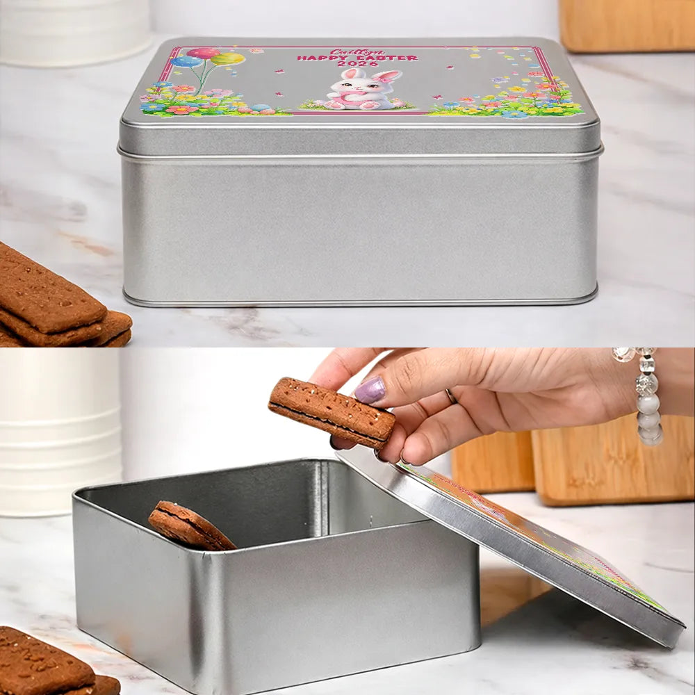 Gift For Kids,Grandma - Grandkids,Gift For Grandkids,Dad - Children,Mom - Children,Easter,Happy - Easter Bunny Holding Alphabet Letter - Personalized Metal Biscuit Tin