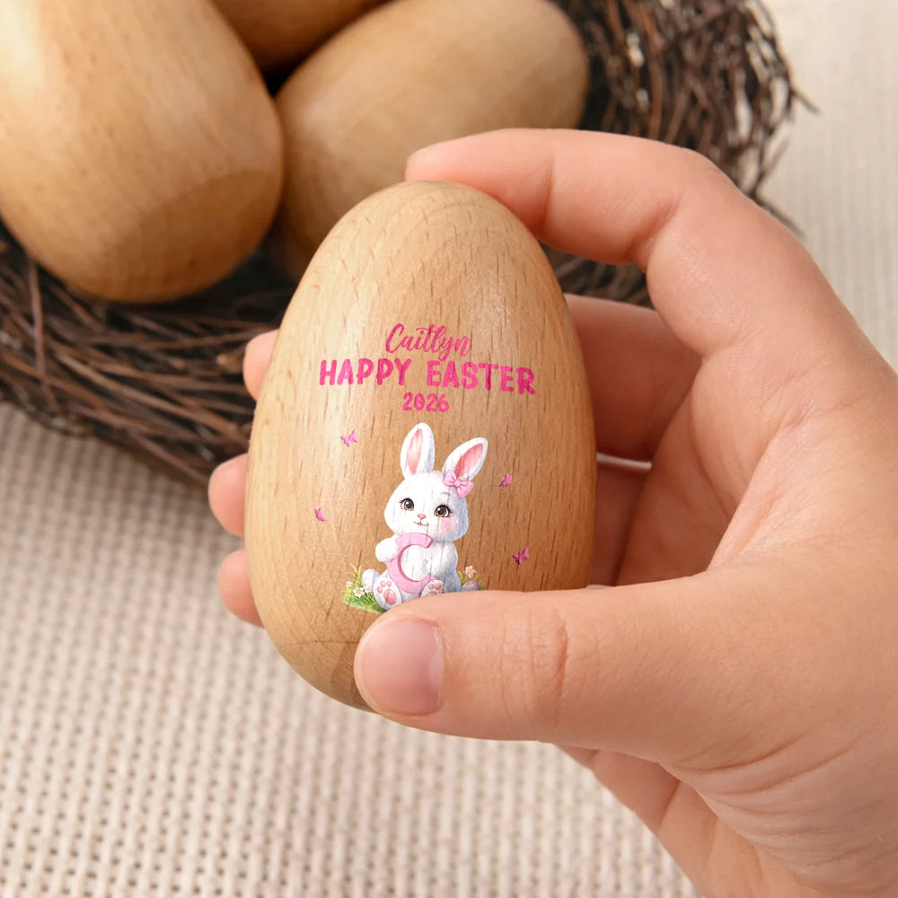 Gift For Kids,Grandma,Grandkids,Gift For Grandkids,Mom,Children,Happy,Easter - Easter Bunny Holding Alphabet Letter - Personalized Musical Wooden Easter Egg Shaker