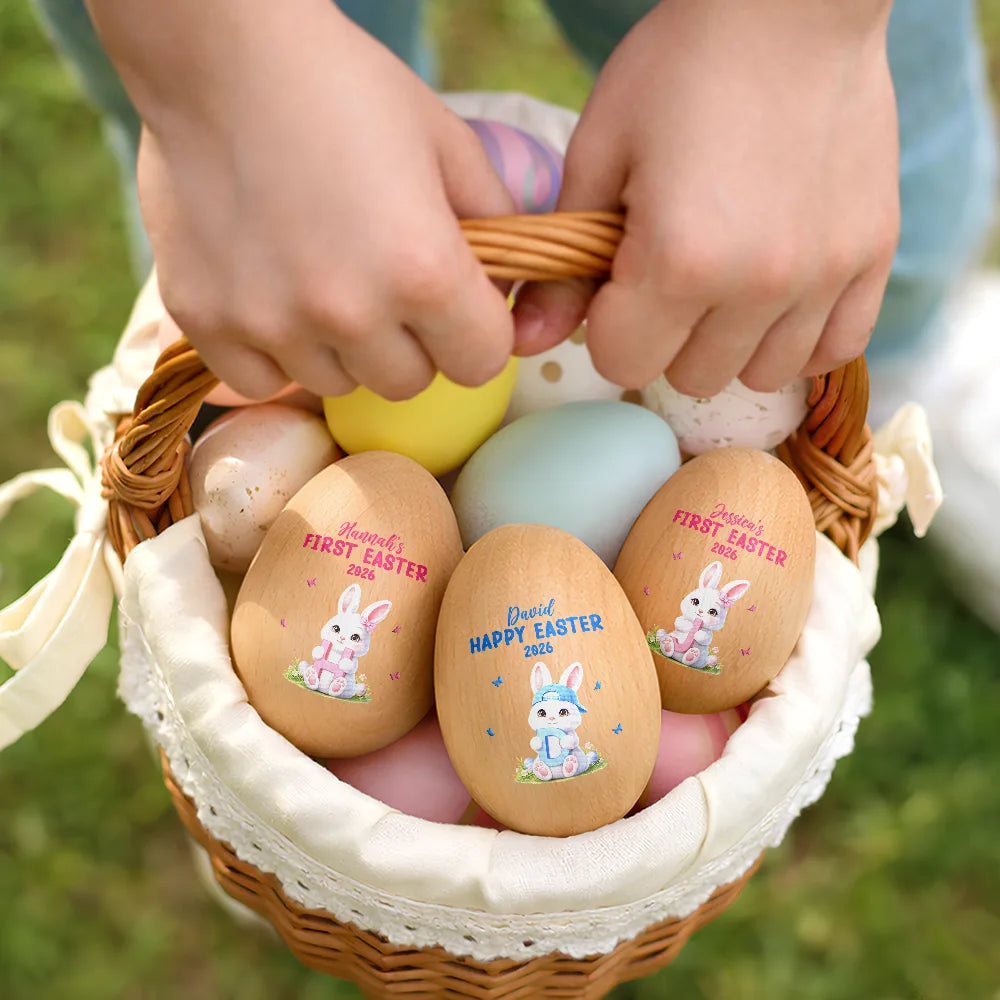Gift For Kids,Grandma,Grandkids,Gift For Grandkids,Mom,Children,Happy,Easter - Easter Bunny Holding Alphabet Letter - Personalized Musical Wooden Easter Egg Shaker
