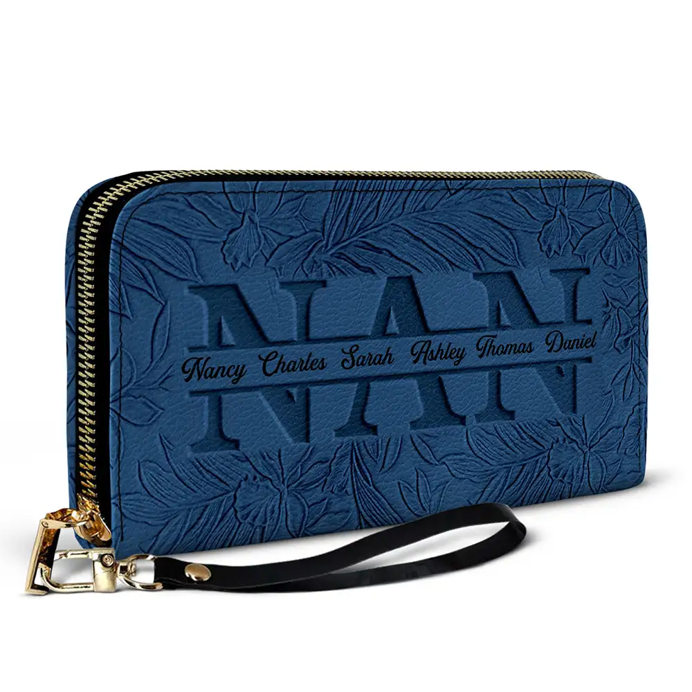 Gift For Mother, Gift For Grandma, Happy - Embossed Flower Leather Mom We Love You - Personalized Leather Long Wallet 