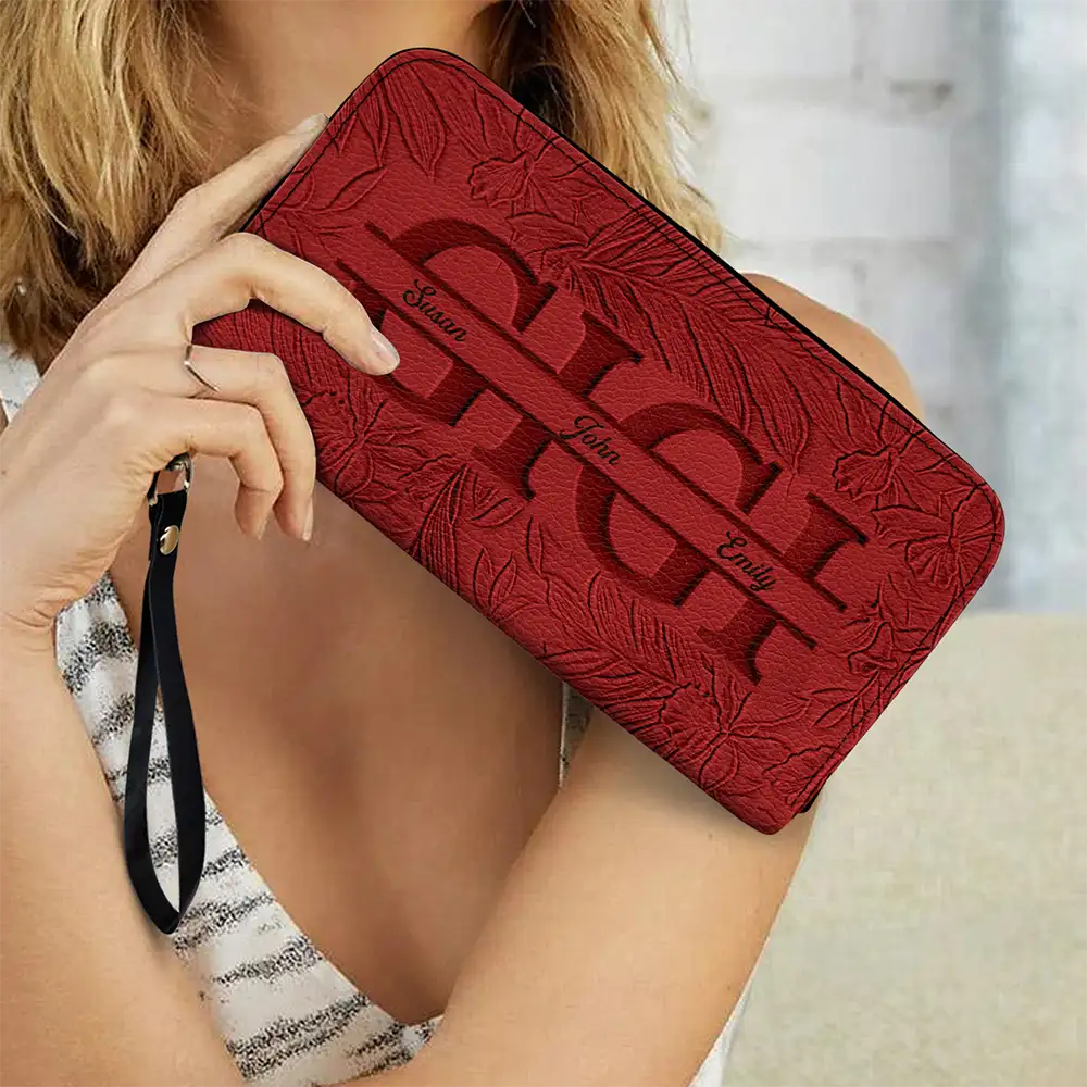 Gift For Mother, Gift For Grandma, Happy - Embossed Flower Leather Mom We Love You - Personalized Leather Long Wallet 