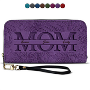 Gift For Mother, Gift For Grandma, Happy - Embossed Flower Leather Mom We Love You - Personalized Leather Long Wallet 