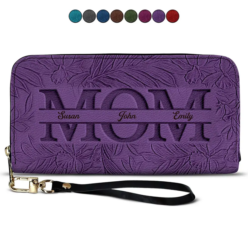 Gift For Mother, Gift For Grandma, Happy - Embossed Flower Leather Mom We Love You - Personalized Leather Long Wallet 