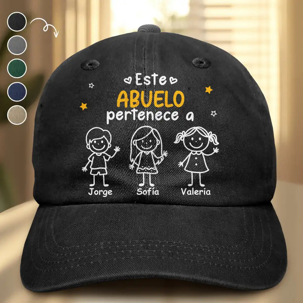 Gift For Yourself,Gift For Men,Gift For Grandpa,Gift For Father,Dog Dad,Cat Dad,Pet Dad,Gift For Mother,Gift For Grandma,Happy,Spanish,Stick Figure - Este Abuelo Papá Pertenece A - Gorra De Denim Lavado Vintage Personalizada