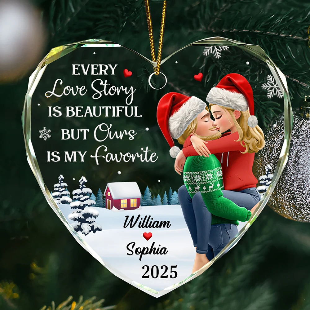 Every Love Story Is Beautiful But Ours Is My Favorite - Personalized Heart Shaped Glass Ornament