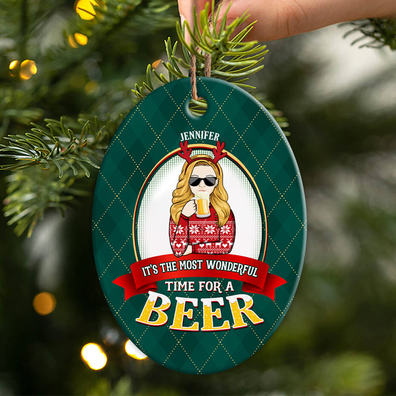 Most Wonderful Time Beer - Christmas Gifts - Personalized Custom Oval Ceramic Ornament