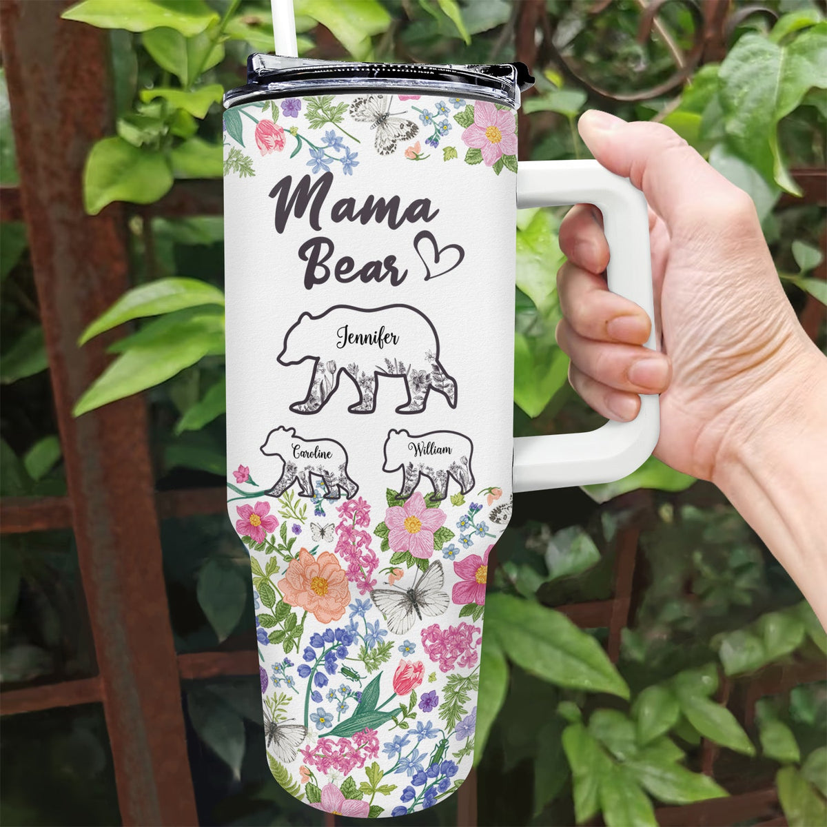 Floral Mama Bear - Gift For Mother - Personalized 40oz Tumbler With Straw