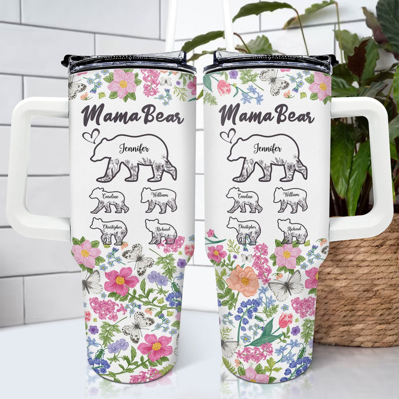 Floral Mama Bear - Gift For Mother - Personalized 40oz Tumbler With Straw