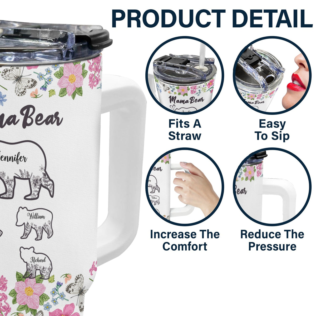 Floral Mama Bear - Gift For Mother - Personalized 40oz Tumbler With Straw