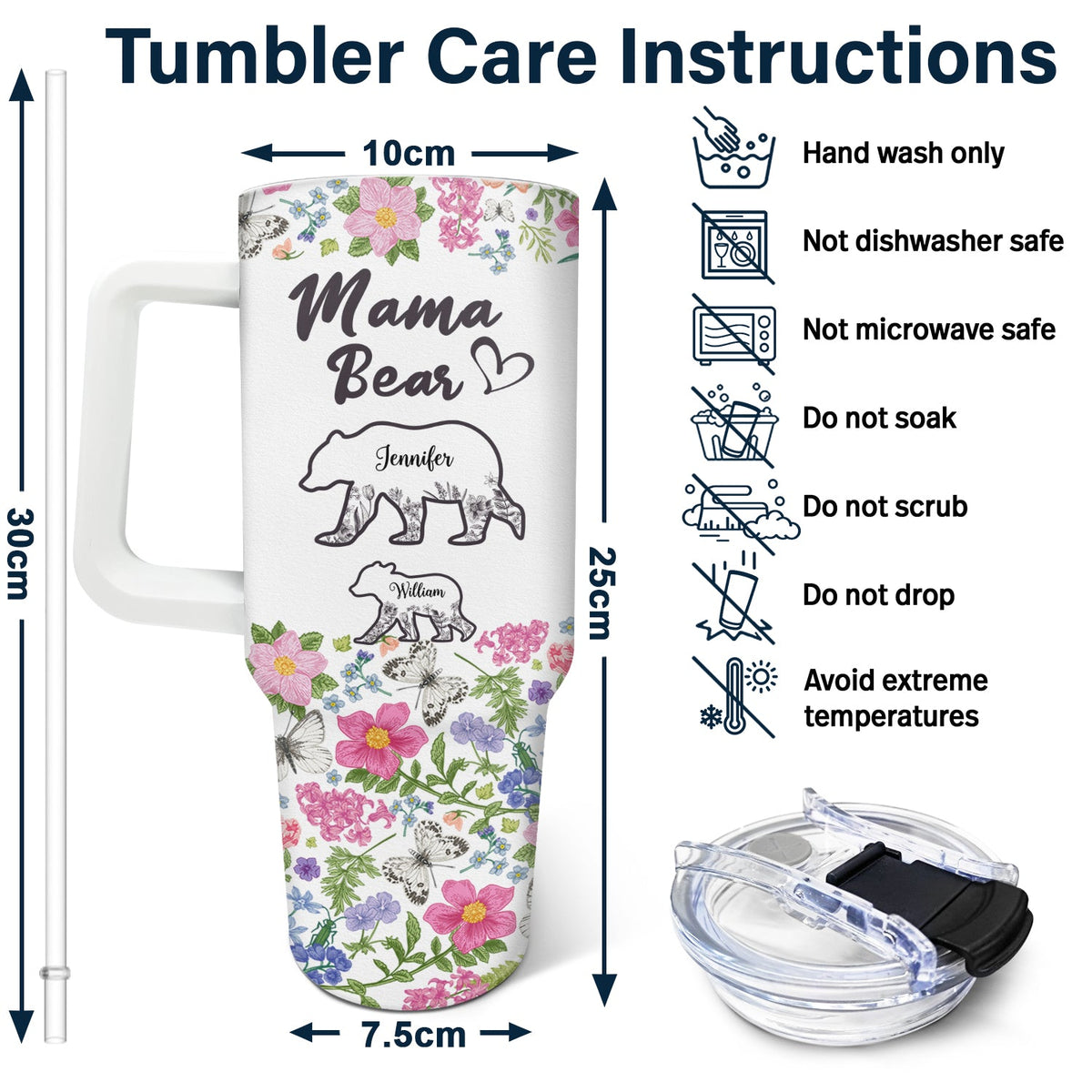 Floral Mama Bear - Gift For Mother - Personalized 40oz Tumbler With Straw