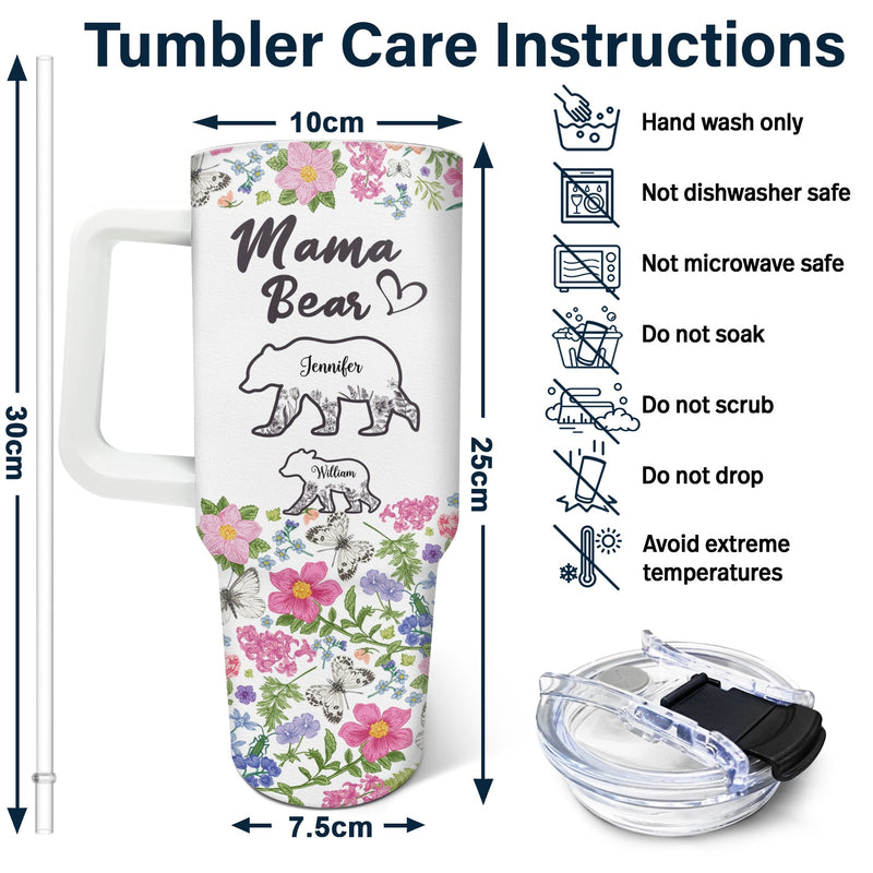 Floral Mama Bear - Gift For Mother - Personalized 40oz Tumbler With Straw