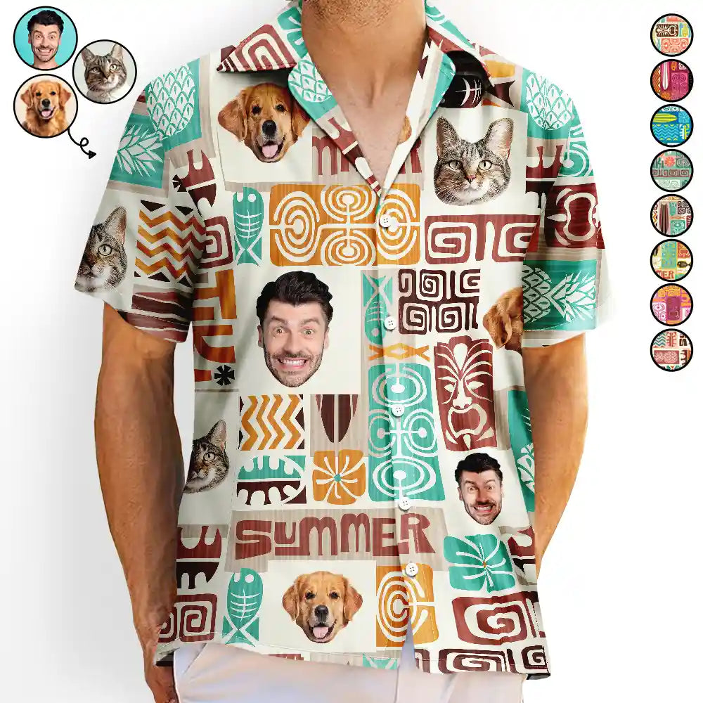 Custom Photo Funny Family Pet Face Tiki Pattern - Personalized Hawaiian Shirt