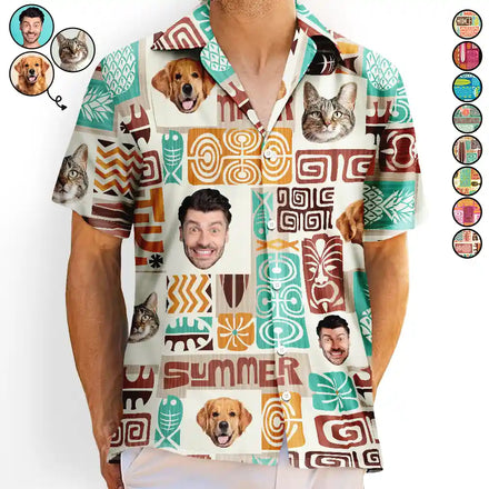 Custom Photo Funny Family Pet Face Tiki Pattern - Personalized Hawaiian Shirt