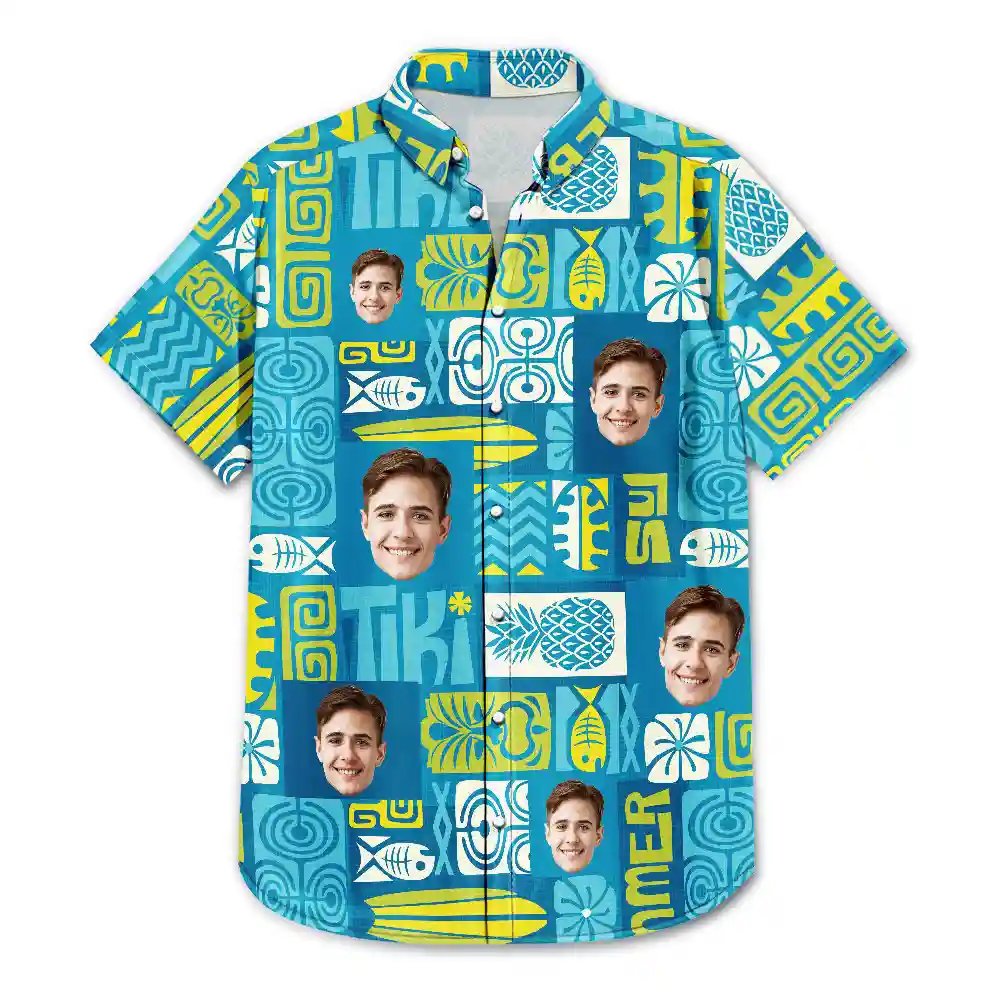 Custom Photo Funny Family Pet Face Tiki Pattern - Personalized Hawaiian Shirt