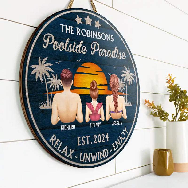Poolside Paradise Family - Personalized Wood Circle Sign