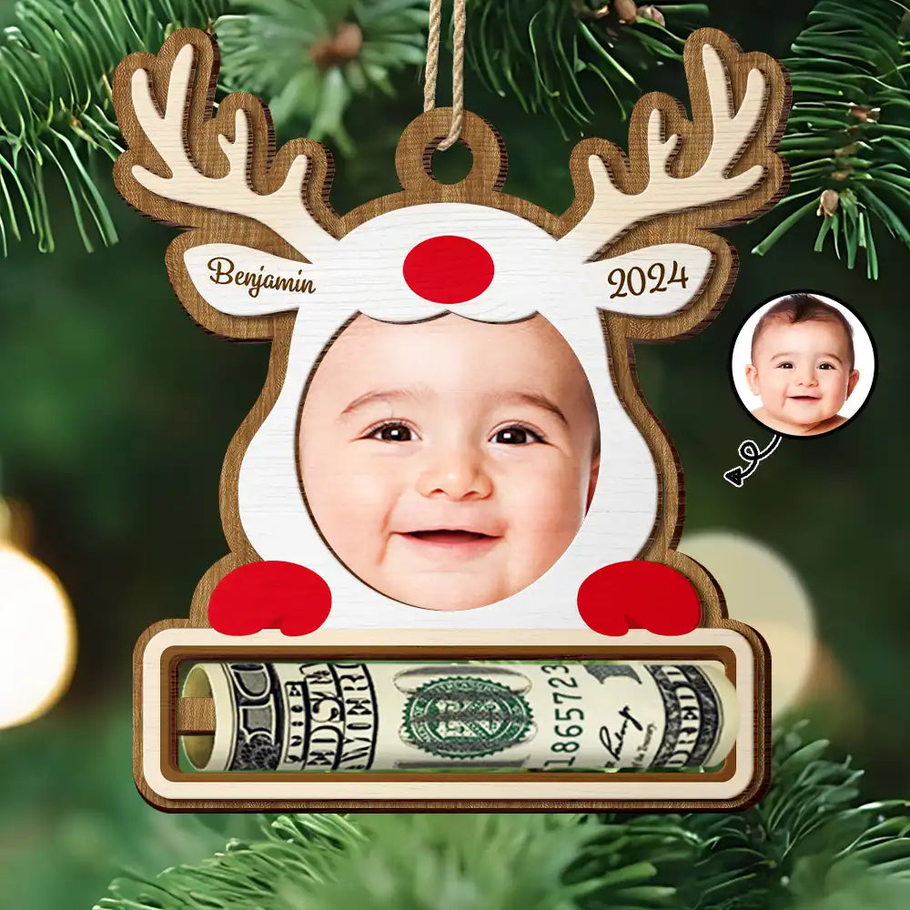 Custom Photo Christmas Reindeer - Personalized 2-Layered Wooden Ornament, Money Holder Ornament