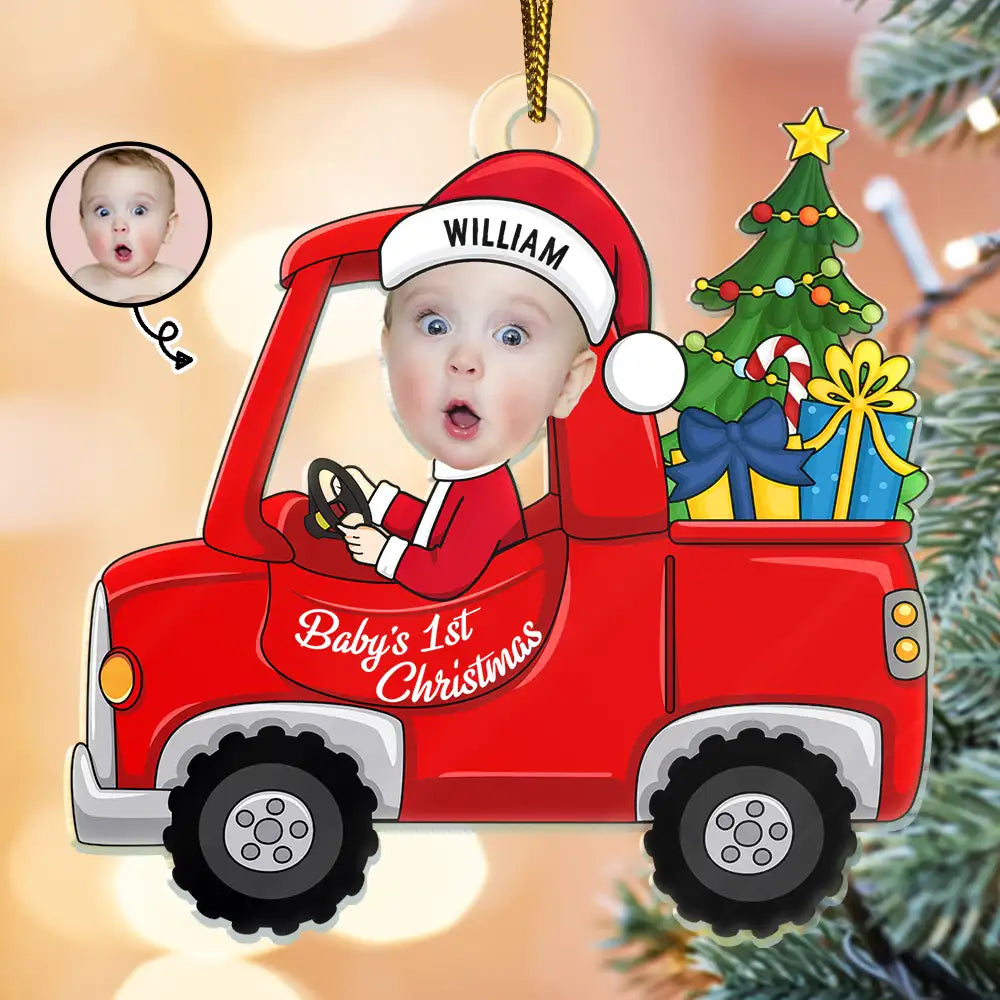 Custom Photo Christmas Red Truck Baby - Personalized Cutout Acrylic Ornament