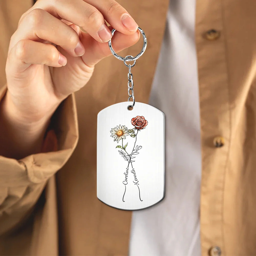 Gift For Couples, Gift For Husband, Gift For Wife, Gift For Boyfriend, Gift For Girlfriend - Birth Flowers With Calendar Our Love Bloomed - Personalized Aluminum Keychain