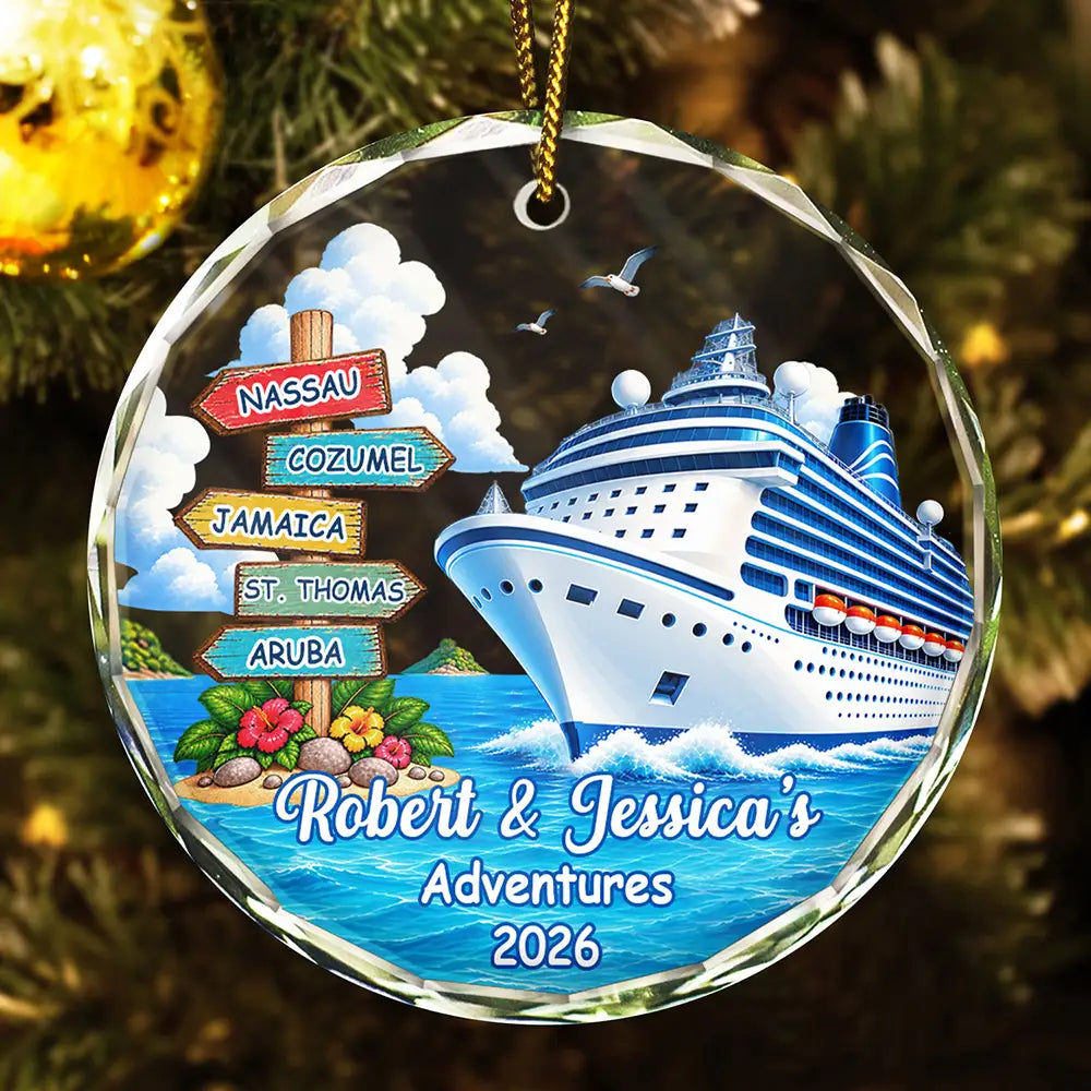 Travel,Christmas,Family,Icon,Happy - Family Adventure Cruise Trip Travel - Personalized Circle Glass Ornament