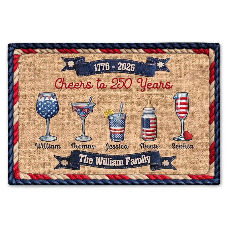 Gift For Couples,Gift For Husband,Gift For Wife,Parents,Gift For Yourself,Gift For Women,Gift For Men,Gift For Mother,Gift For Father,Gift For Daughter,Gift For Son,Family,Independence Day,America 250th,Happy - Family Cheers To America 250 Years - Personalized Doormat