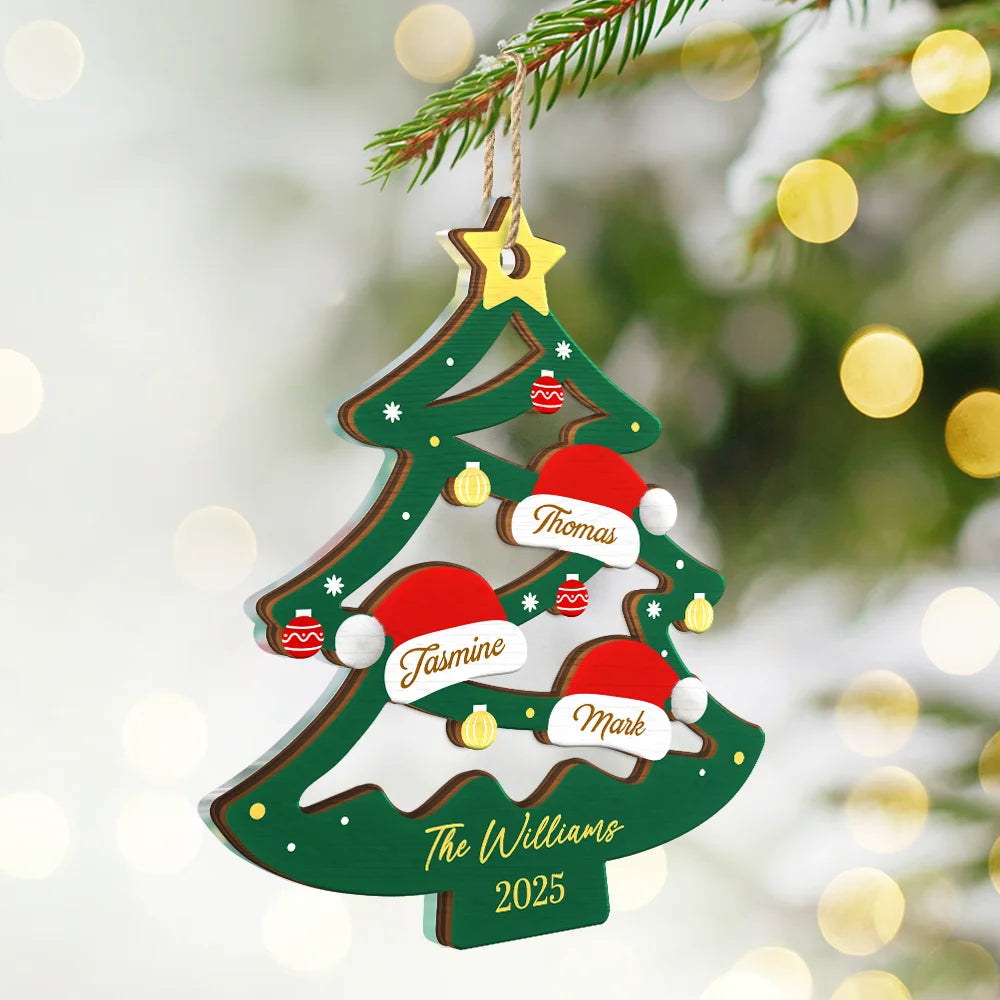 Gift For Couples,Family,Happy,Christmas - Family Friend Santa Hat Christmas Tree - Personalized 2-Layered Mix Ornament