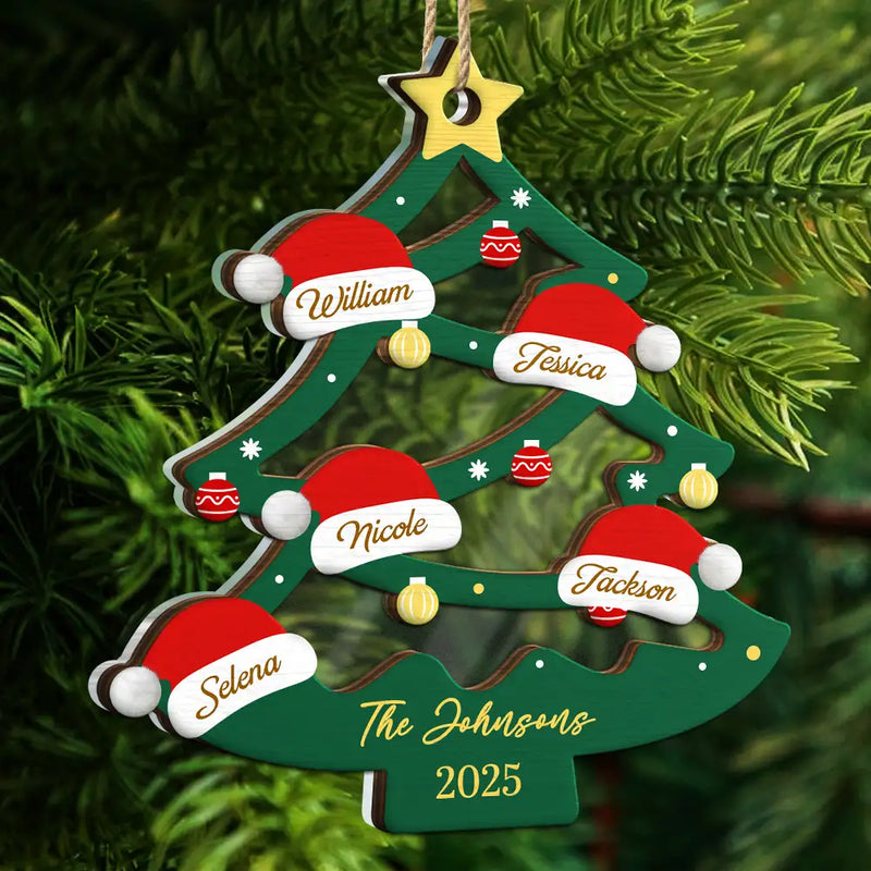Gift For Couples,Family,Happy,Christmas - Family Friend Santa Hat Christmas Tree - Personalized 2-Layered Mix Ornament