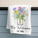 Gift For Wife,Gift For Mother,Gift For Grandma,Happy,Family - Family Grandma Mom Watercolor Birth Flower Jar - Personalized Kitchen Towel