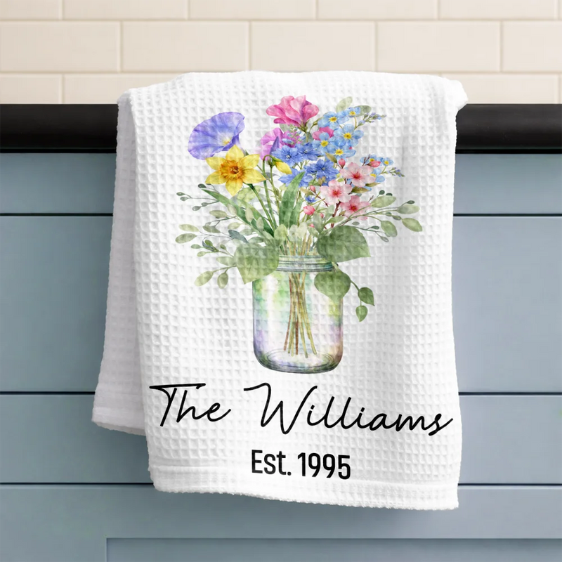 Gift For Wife,Gift For Mother,Gift For Grandma,Happy,Family - Family Grandma Mom Watercolor Birth Flower Jar - Personalized Kitchen Towel